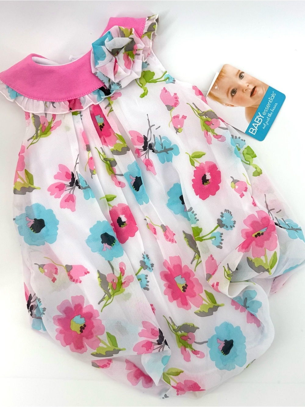 Baby Essentials Pink & Aqua Floral Chiffon Bubble Romper